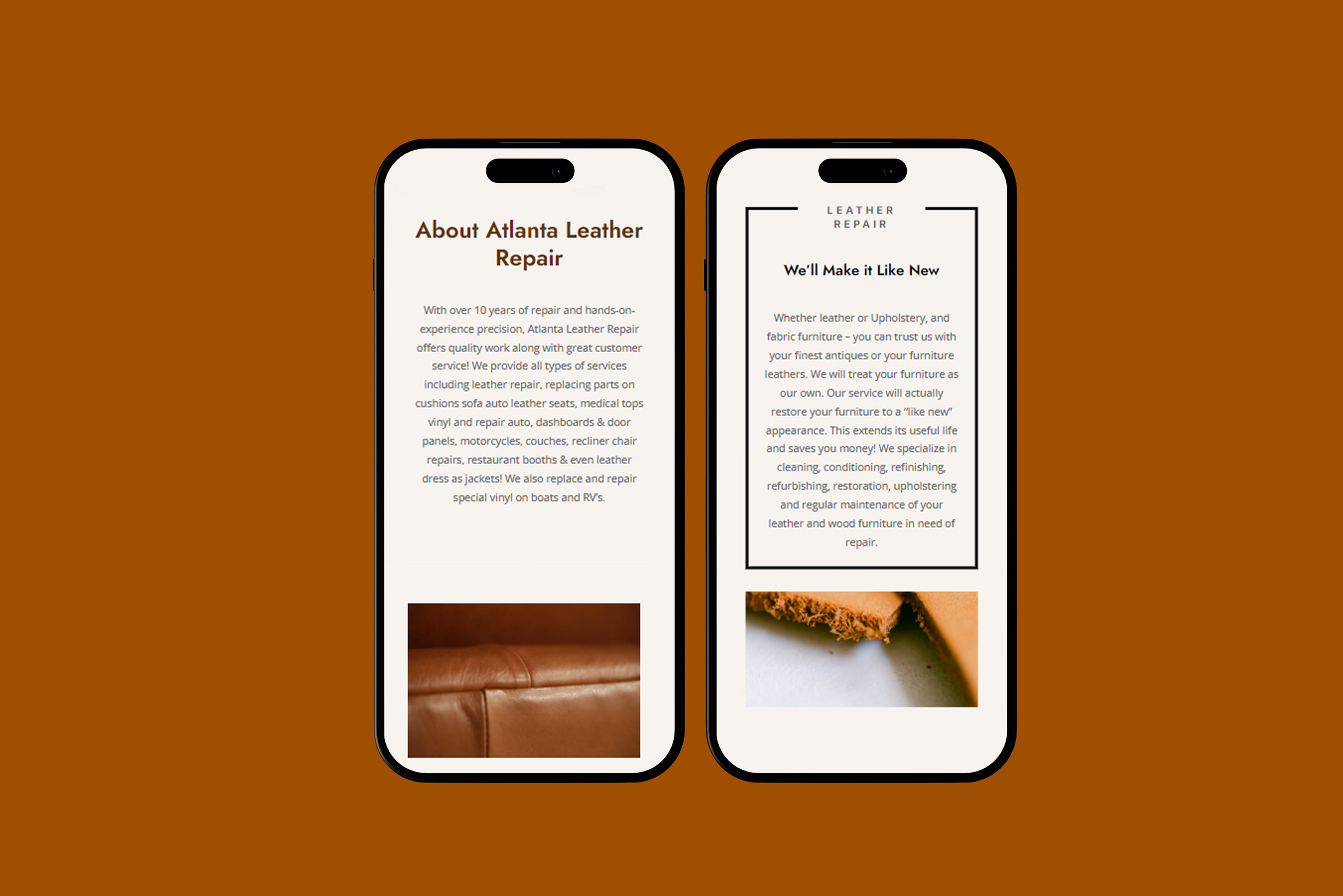 Atlanta Leather Repair iPhone Website Mockup